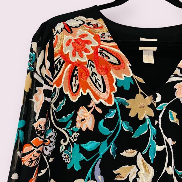 Chico's Womens Top 1 Medium Black Twofer Attached Shell Sheer Tunic Embroidered - Picture 3 of 14